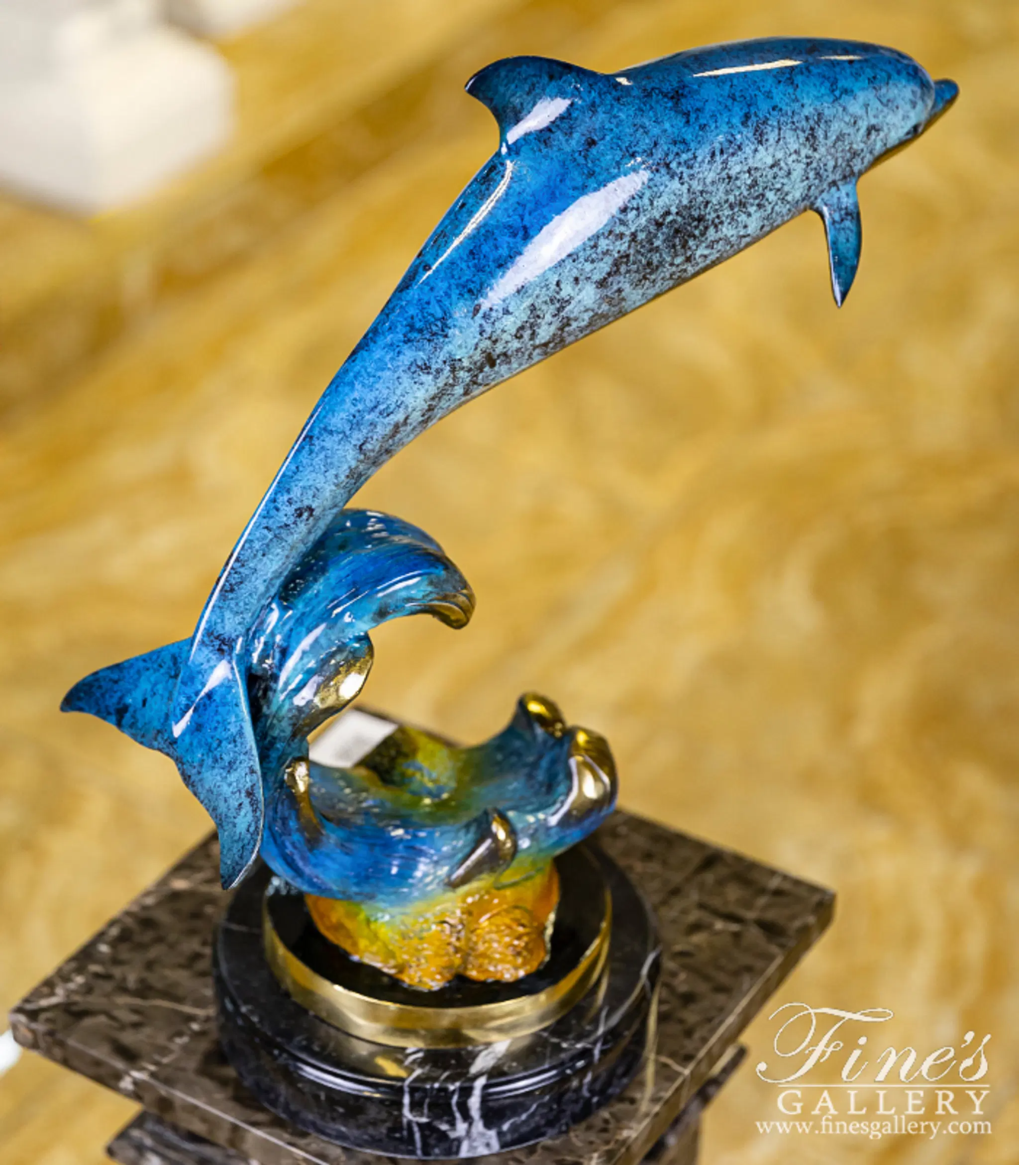 Bronze Statues - Dolphin Riding Wave In Brilliant Blue Bronze - BS